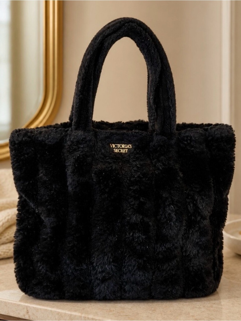 Victoria's Secret Plush Black Tote with Gold Logo